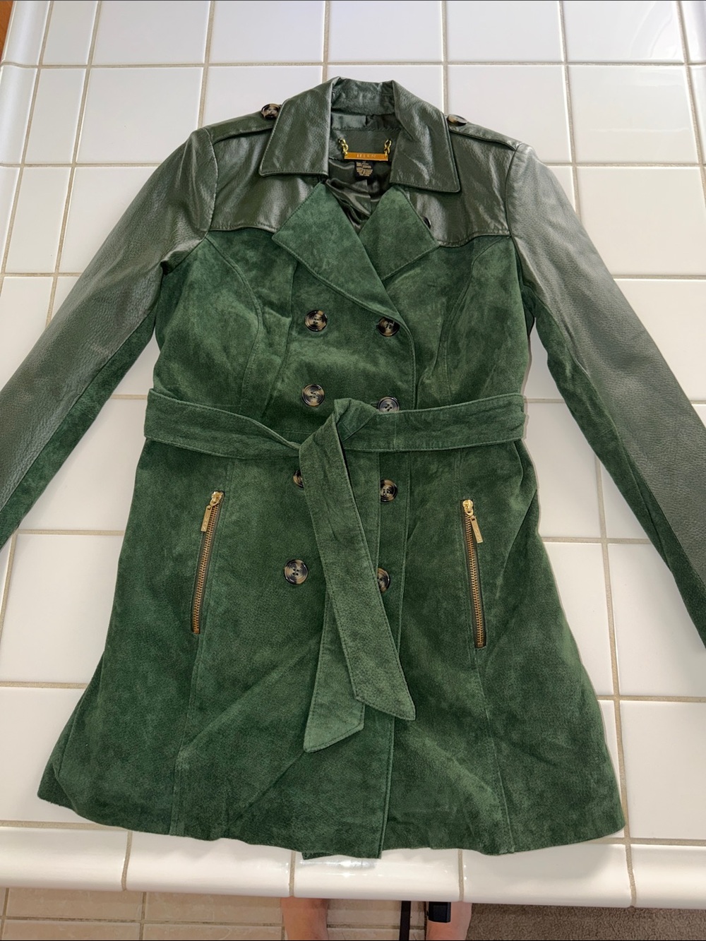 IMAN Luxe Suede & Leather Trench Jacket size Medium green